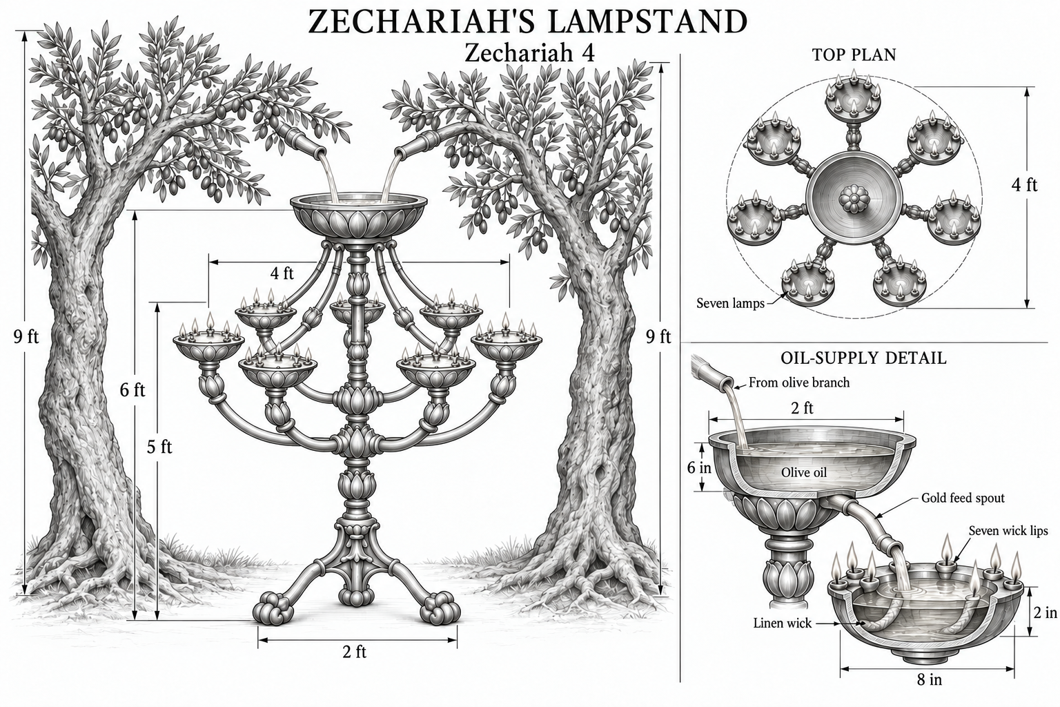 Zechariah's lampstand: a gold lampstand with a bowl on top and seven lamps, between two olive trees (Zechariah 4).