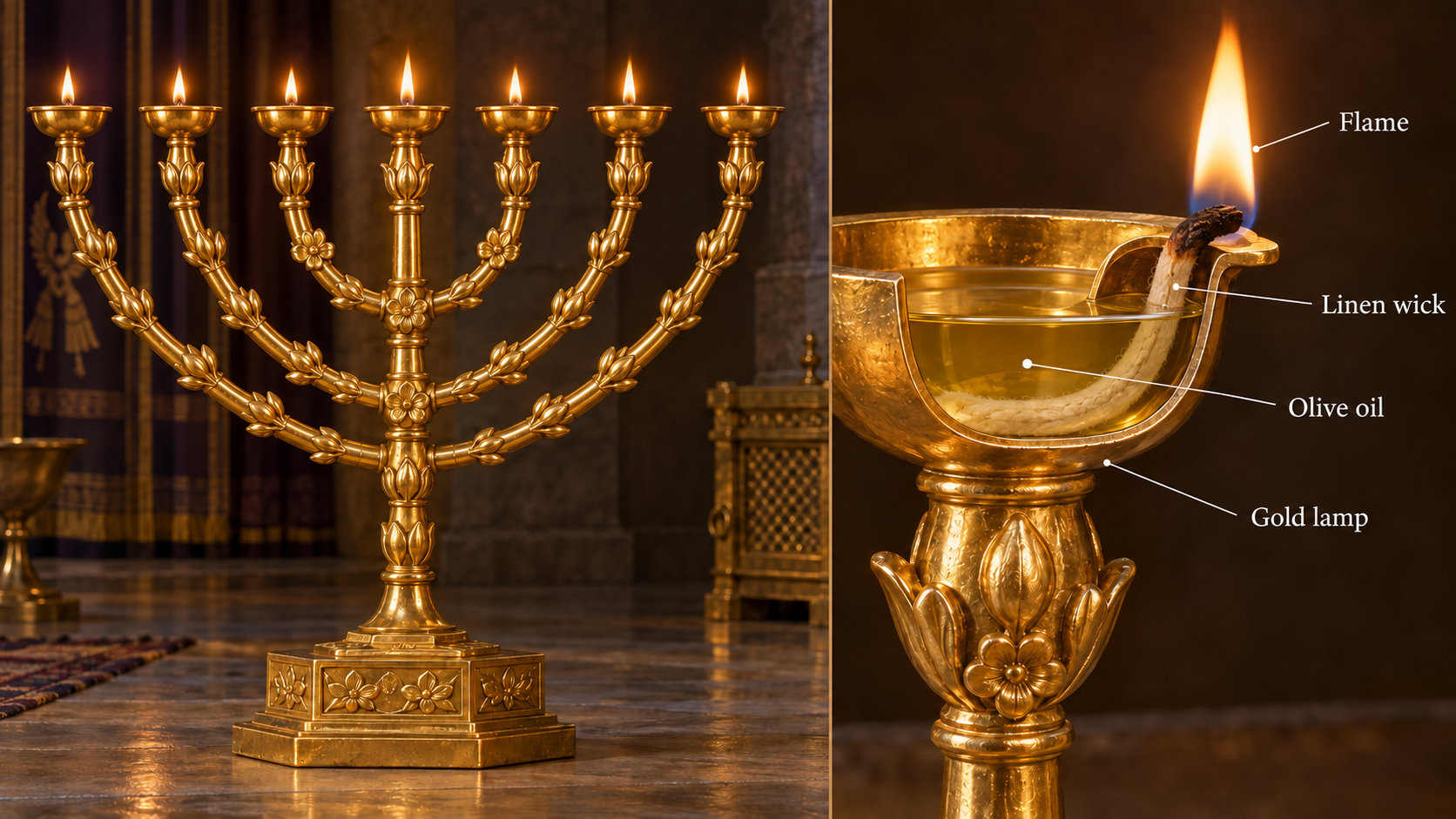 A seven-branched gold menorah beside a cutaway showing olive oil, a linen wick, and its burning tip.