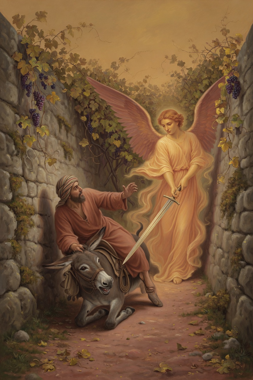 A man on a donkey and an angel with a drawn sword