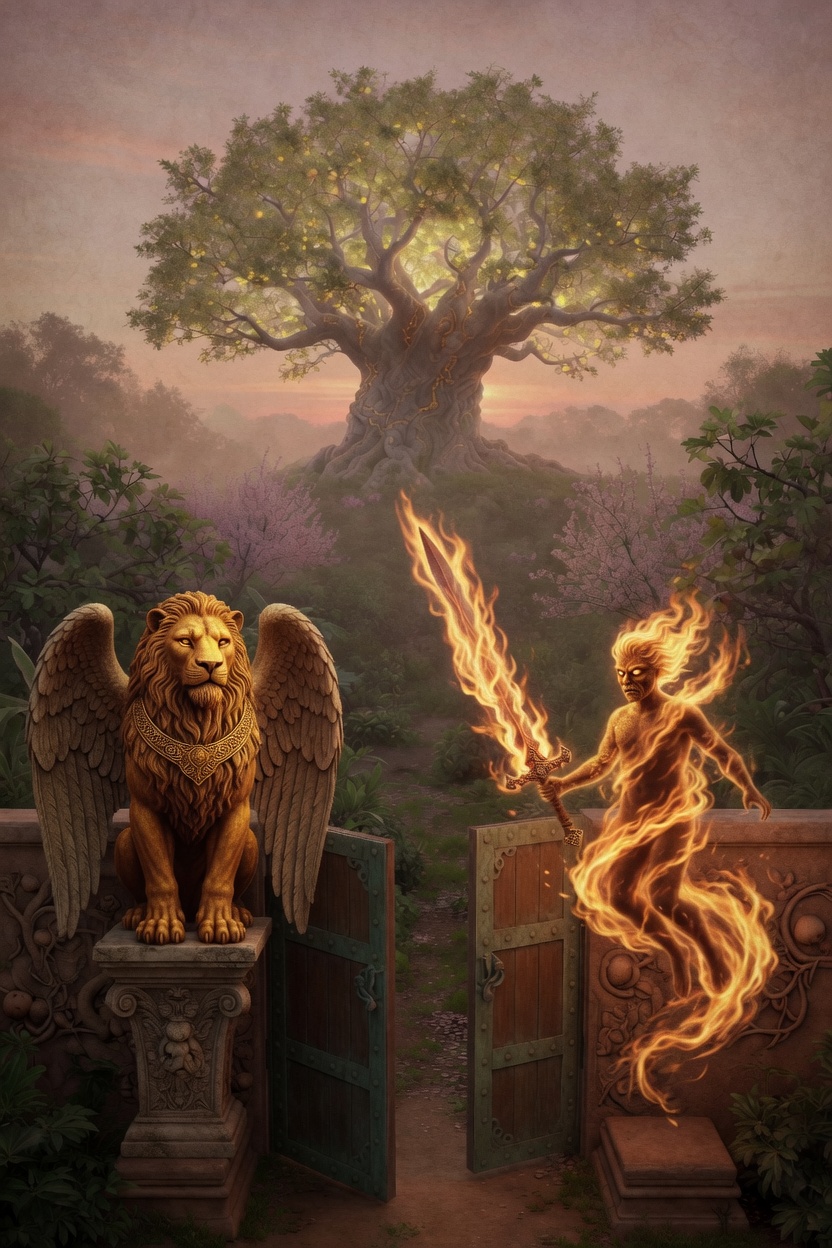 The east gate of the garden, a winged lion, and a figure of flame with a sword