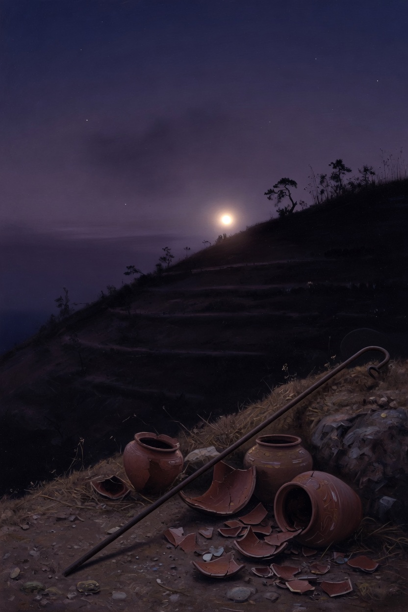 A morning star over a hillside, an iron rod, and broken pots