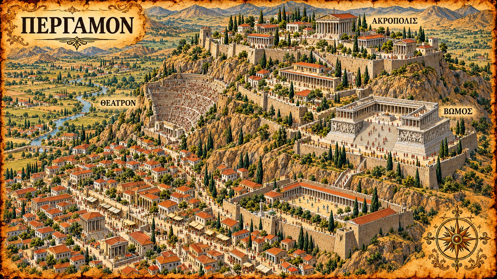 Pergamum: terraces on a steep hill, the theater, the acropolis, and the altar on its own terrace.