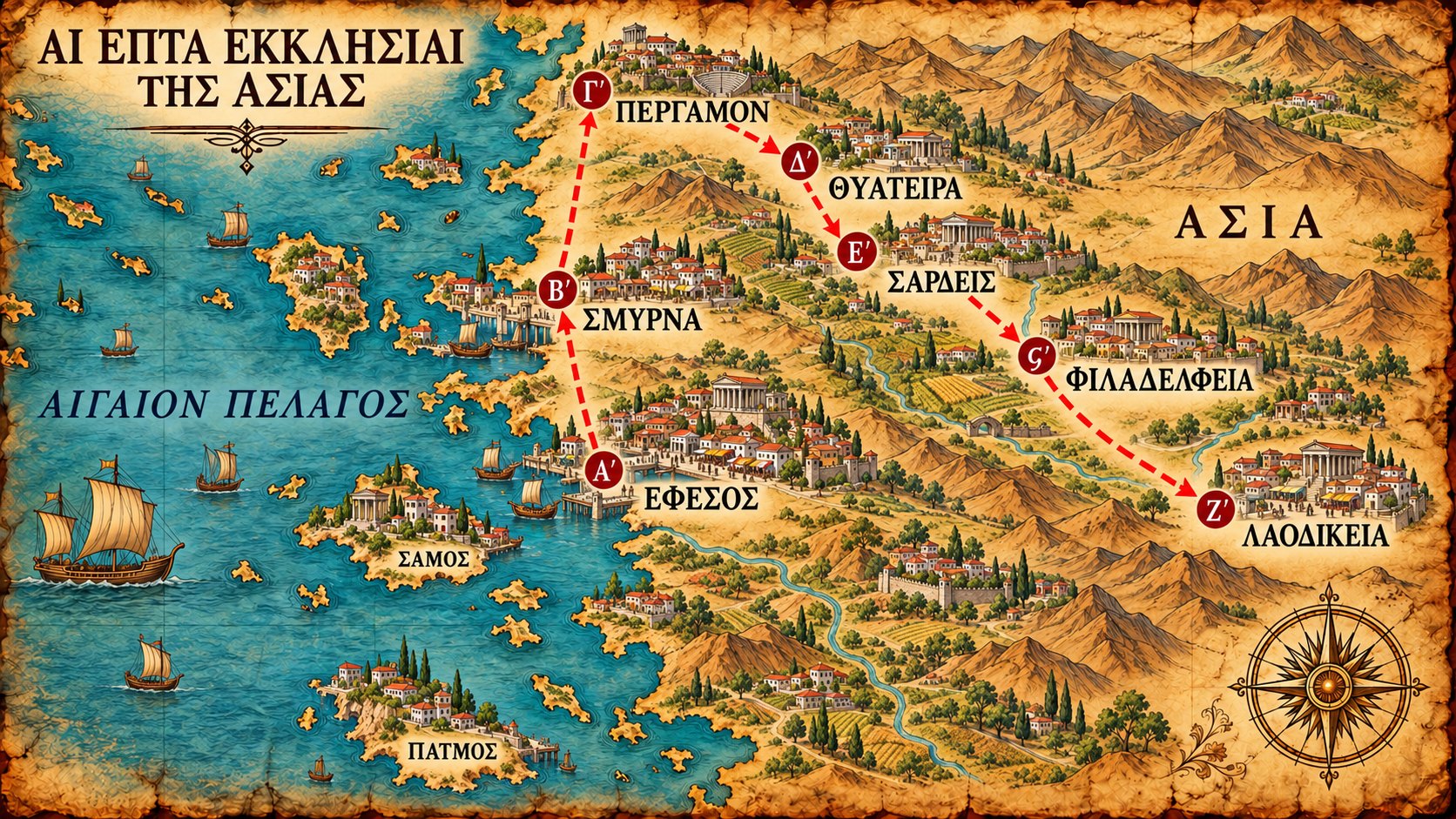 The seven churches of Asia: a map of Roman Asia with the seven cities numbered in the order of the letters, from Ephesus north to Pergamum and inland to Laodicea, with Patmos offshore.