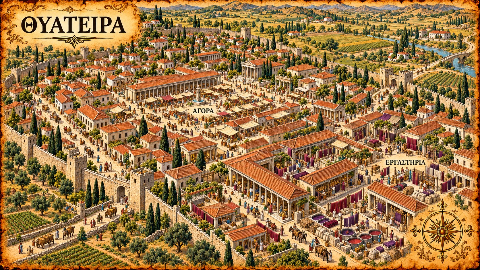 Thyatira: the agora and the workshops, with cloth hanging in the courtyards.