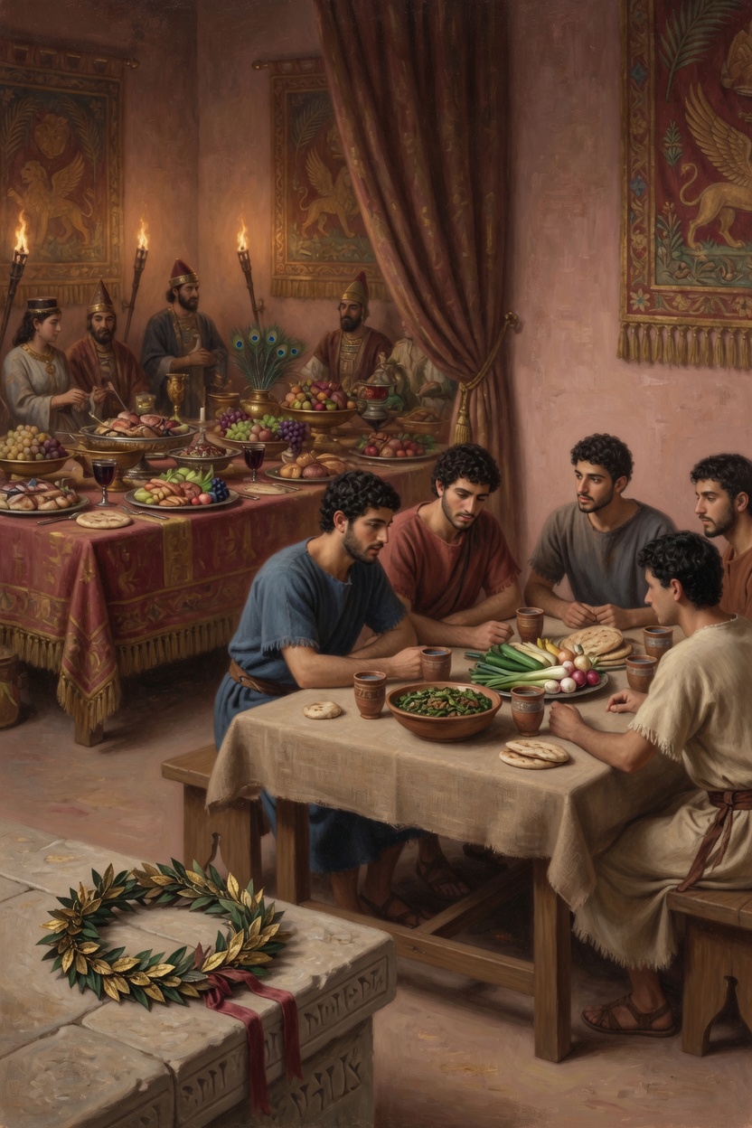 Four young men at a table of vegetables and water, and a laurel wreath