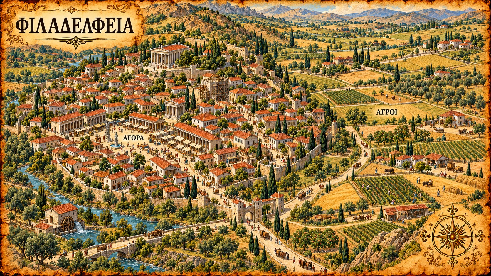 Philadelphia: the town on the slope below Mount Tmolus, with the road east and the farmland of the valley.
