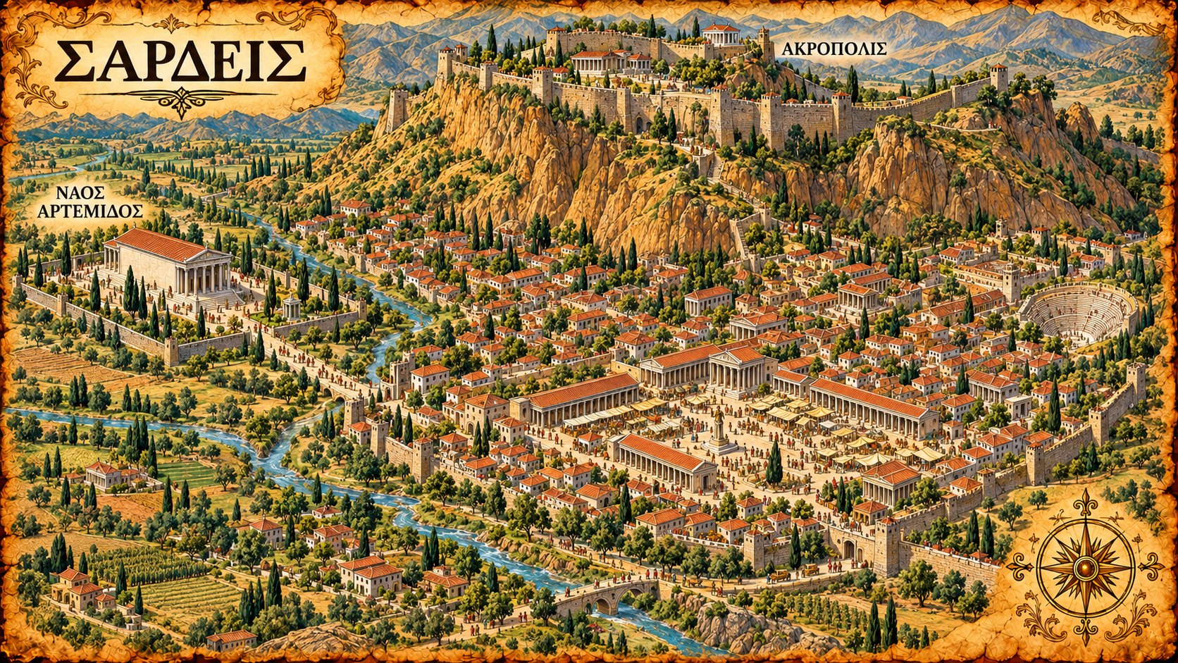 Sardis: the lower city beneath the citadel on its ridge, with the Pactolus stream and the temple of Artemis.